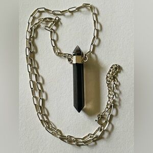 Faux Smokey Quartz Crystal Point Pendant Necklace silver paperclip Chain